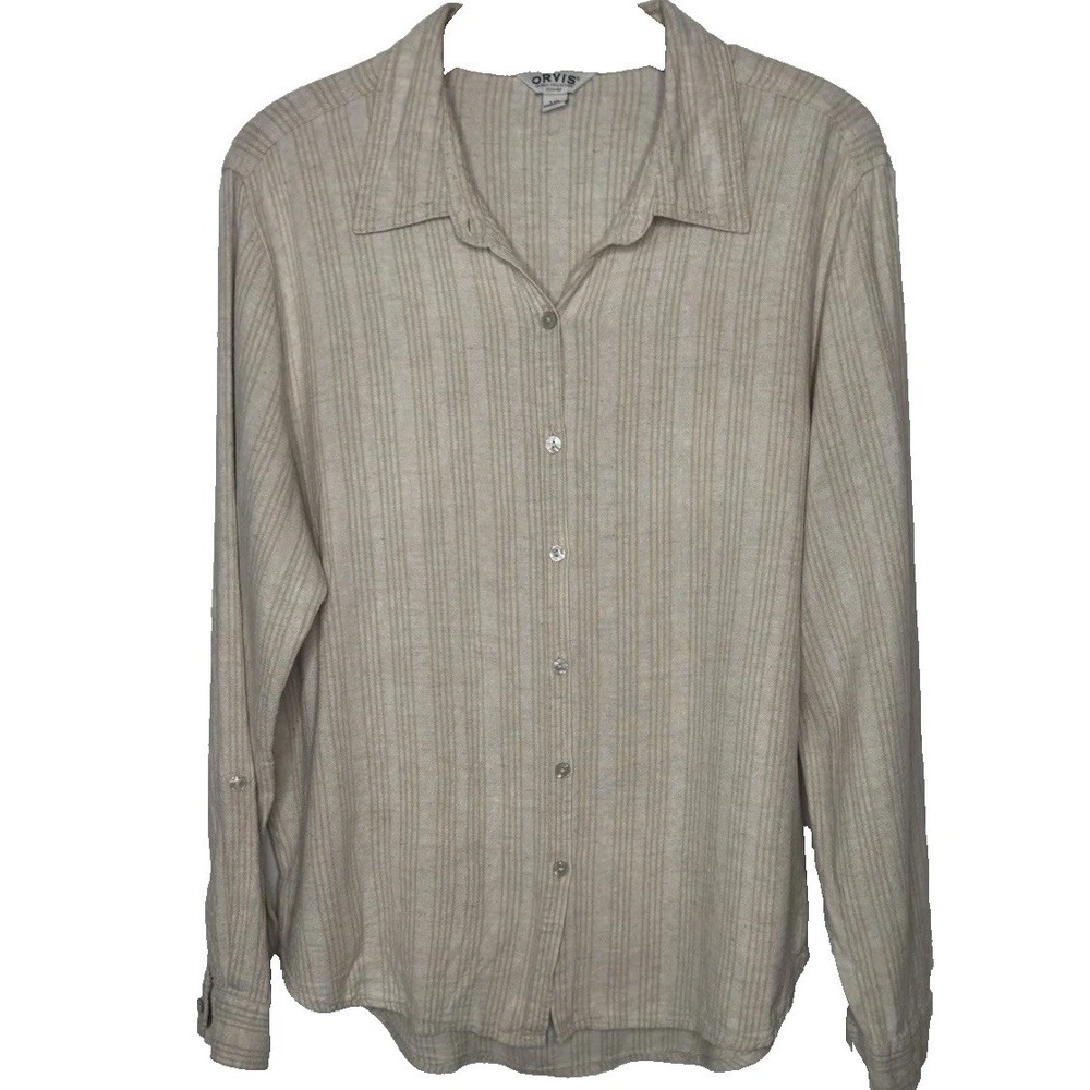 Orvis Shirt Womens LG Linen Blend Beige Stripe Button Up Roll Tab Sleeve Minimal